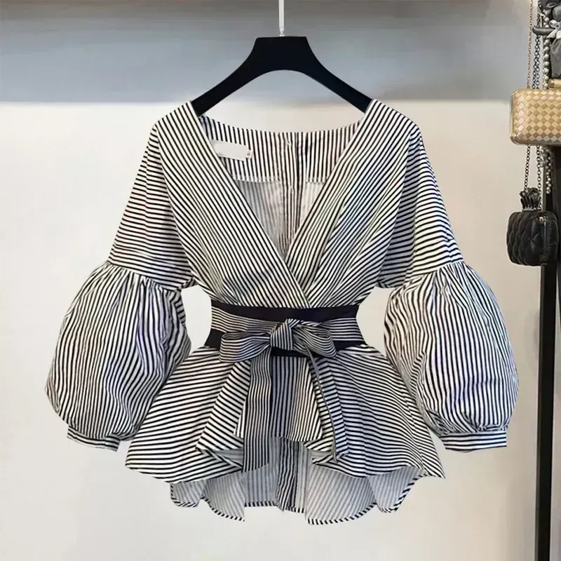 Women Elegant V-Neck Stripe La - огляд і ціна Korean Lifestyle